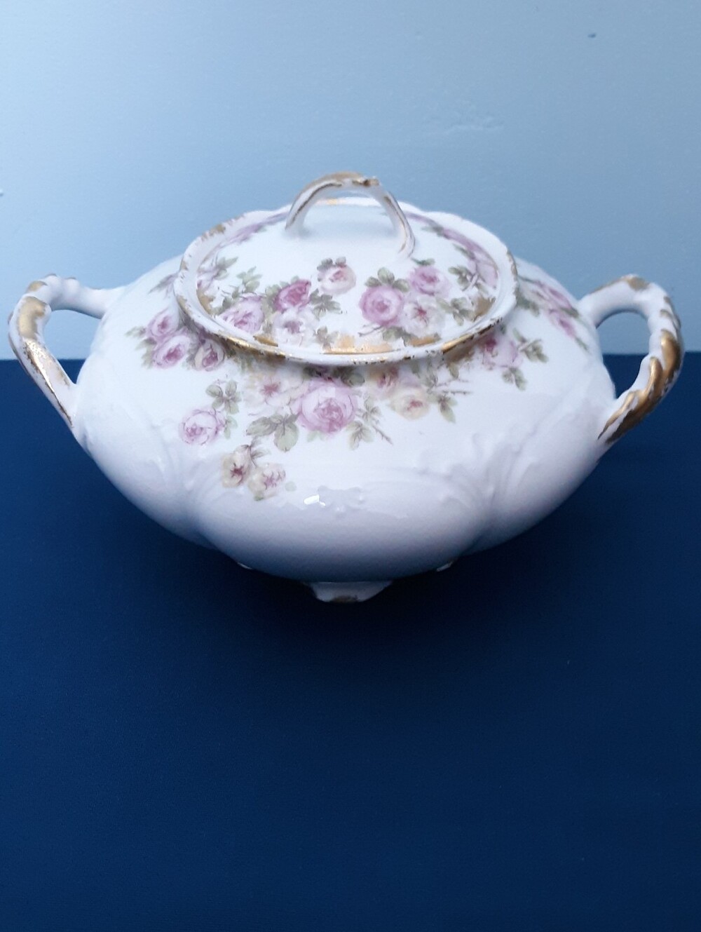 Ca 1900 GDA Charles Field Limoges Sugar Bowl Rose Spray Pink White Gold Floral